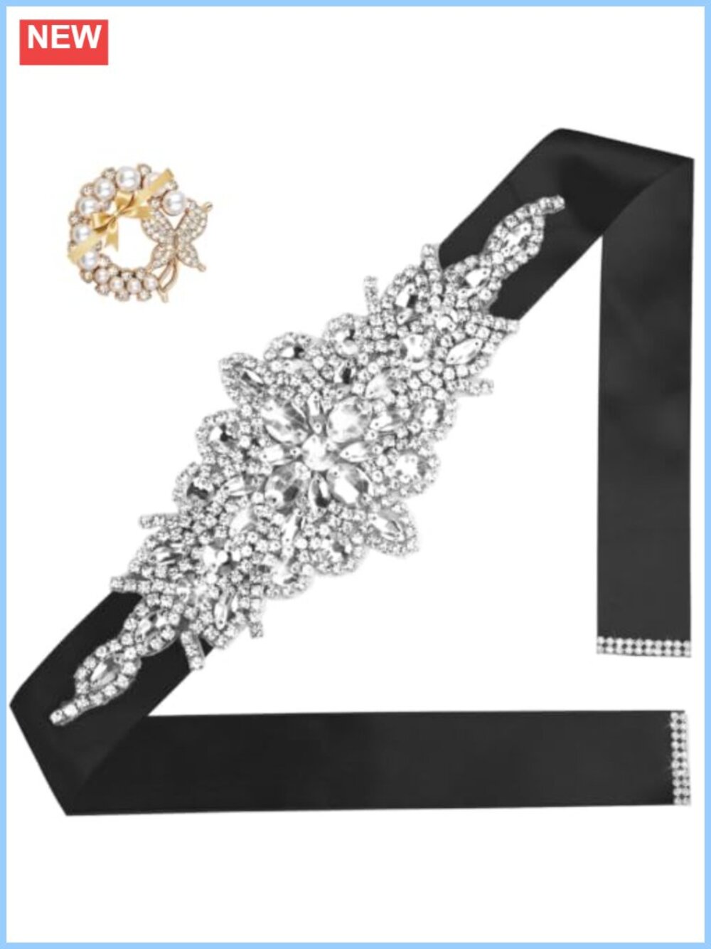 Women's Rhinestone Belt for Dresses - Sparkly Bridal Sash with Satin Ribbon